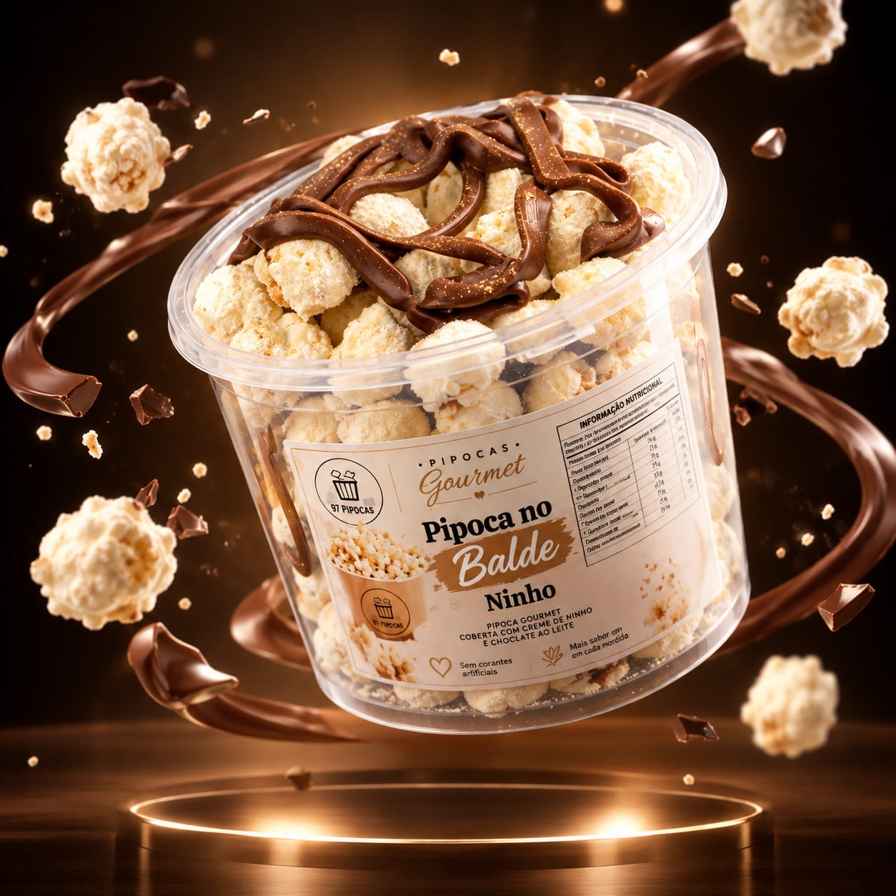 Balde de Pipoca no Ninho Bipipocas com chocolate